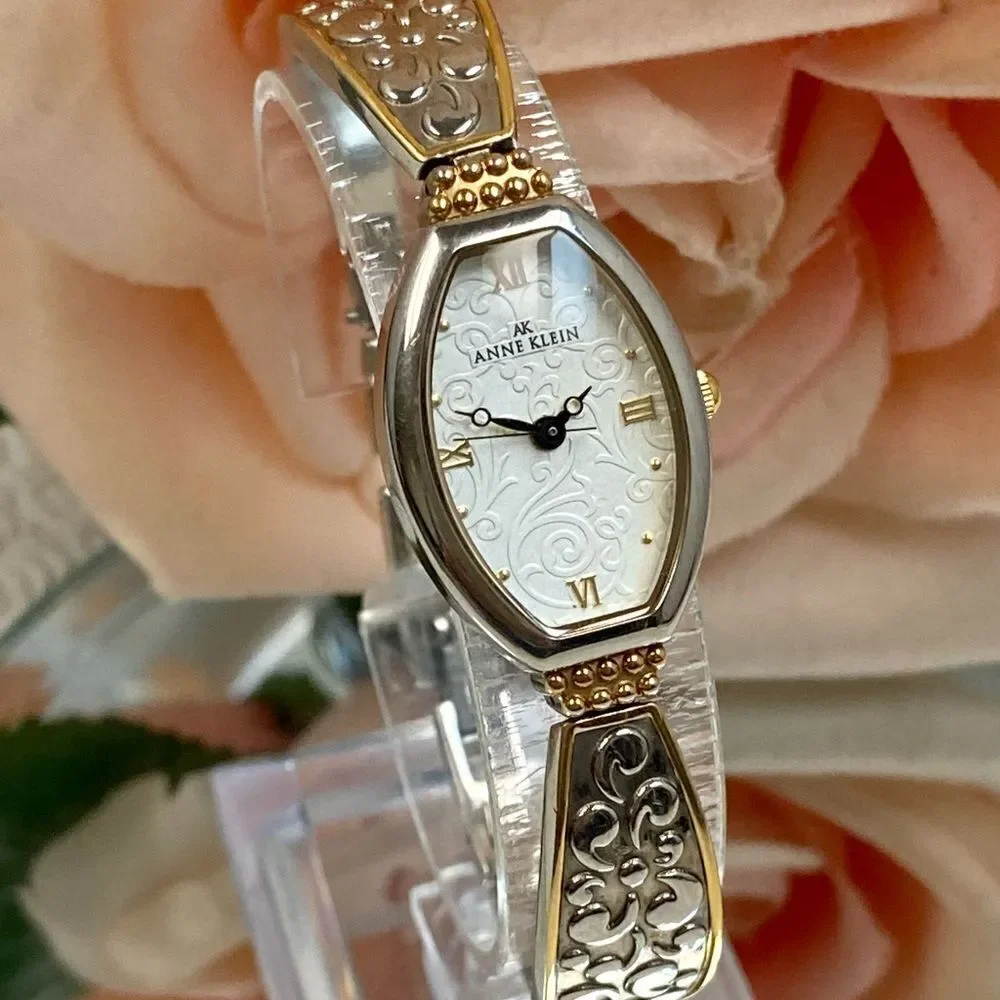 Anne Klein Two-Tone Tonneau Case Bracelet Watch Textured Dial Roman Numerals